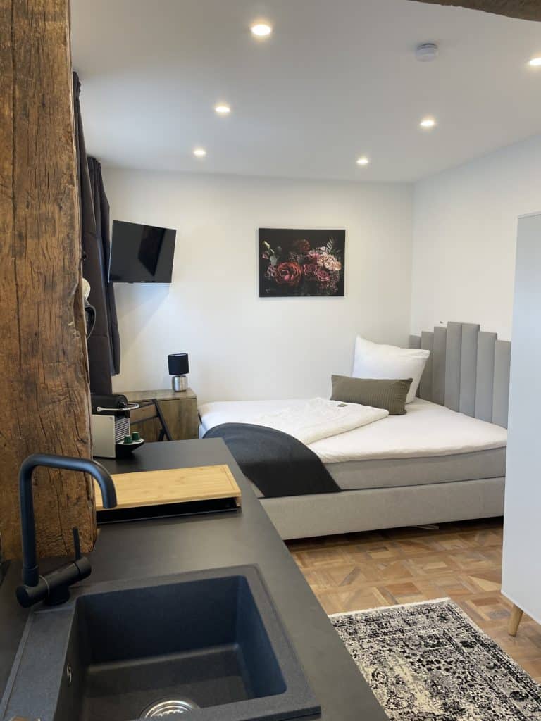 Elegant living space in the 'Orchidee' holiday apartment at Château d'Esprit – featuring sophisticated decor and high-quality comfort for your stay in the Westerwald.