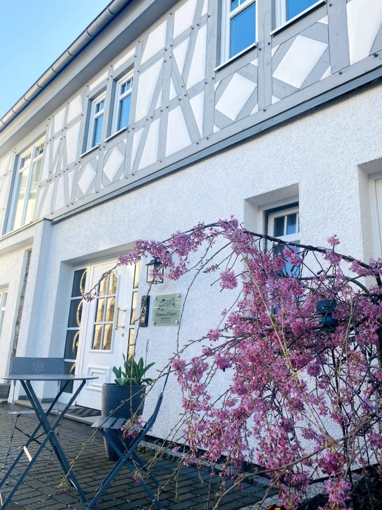 Elegant entrance area of the Château d'Esprit holiday apartments in Höhr-Grenzhausen – a blend of historic charm and modern luxury.