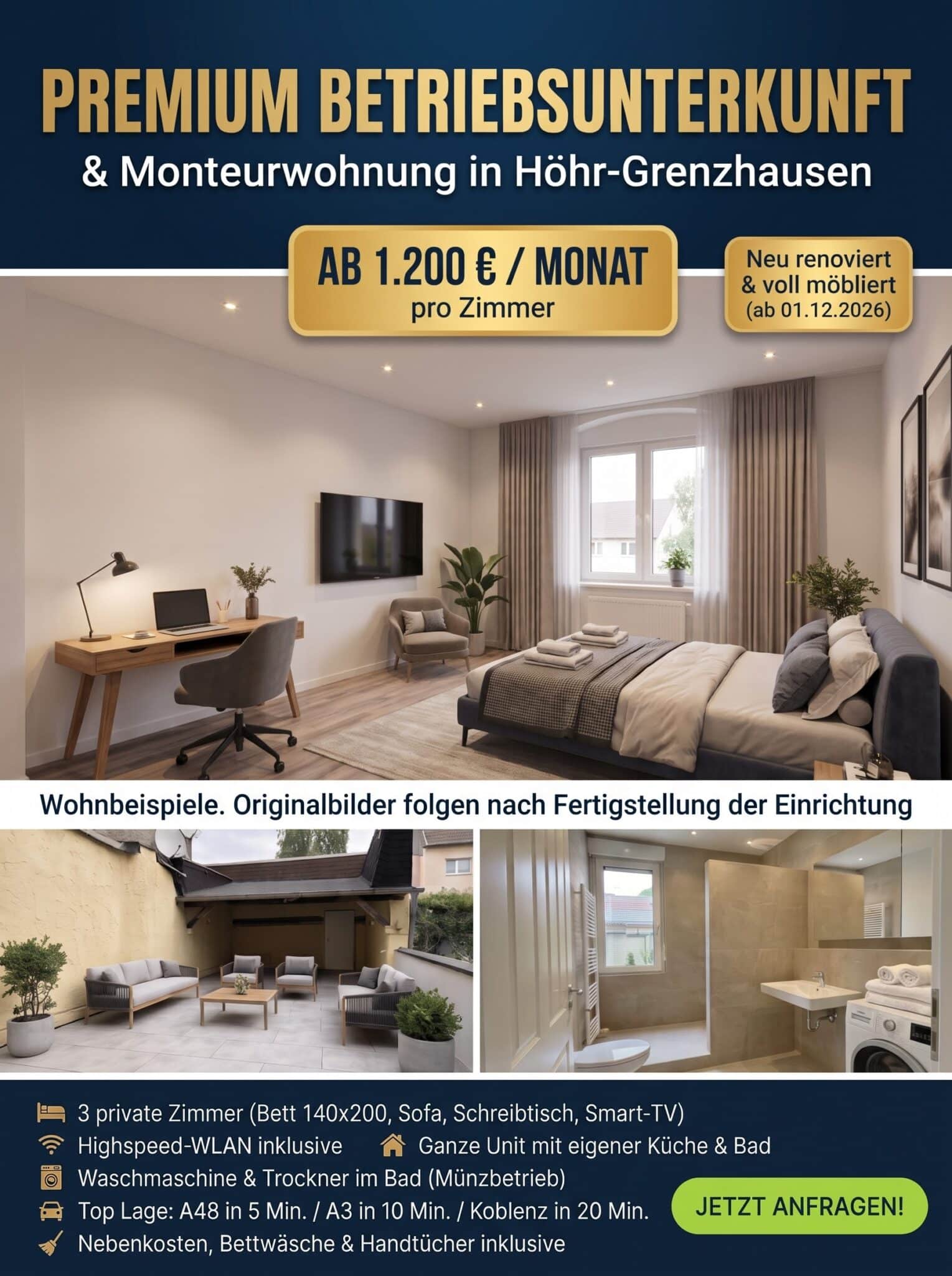 Wohnbeispiel COBALT: Betriebsunterkunft in Höhr-Grenzhausen mit möbliertem Zimmer, Schreibtisch und Smart-TV